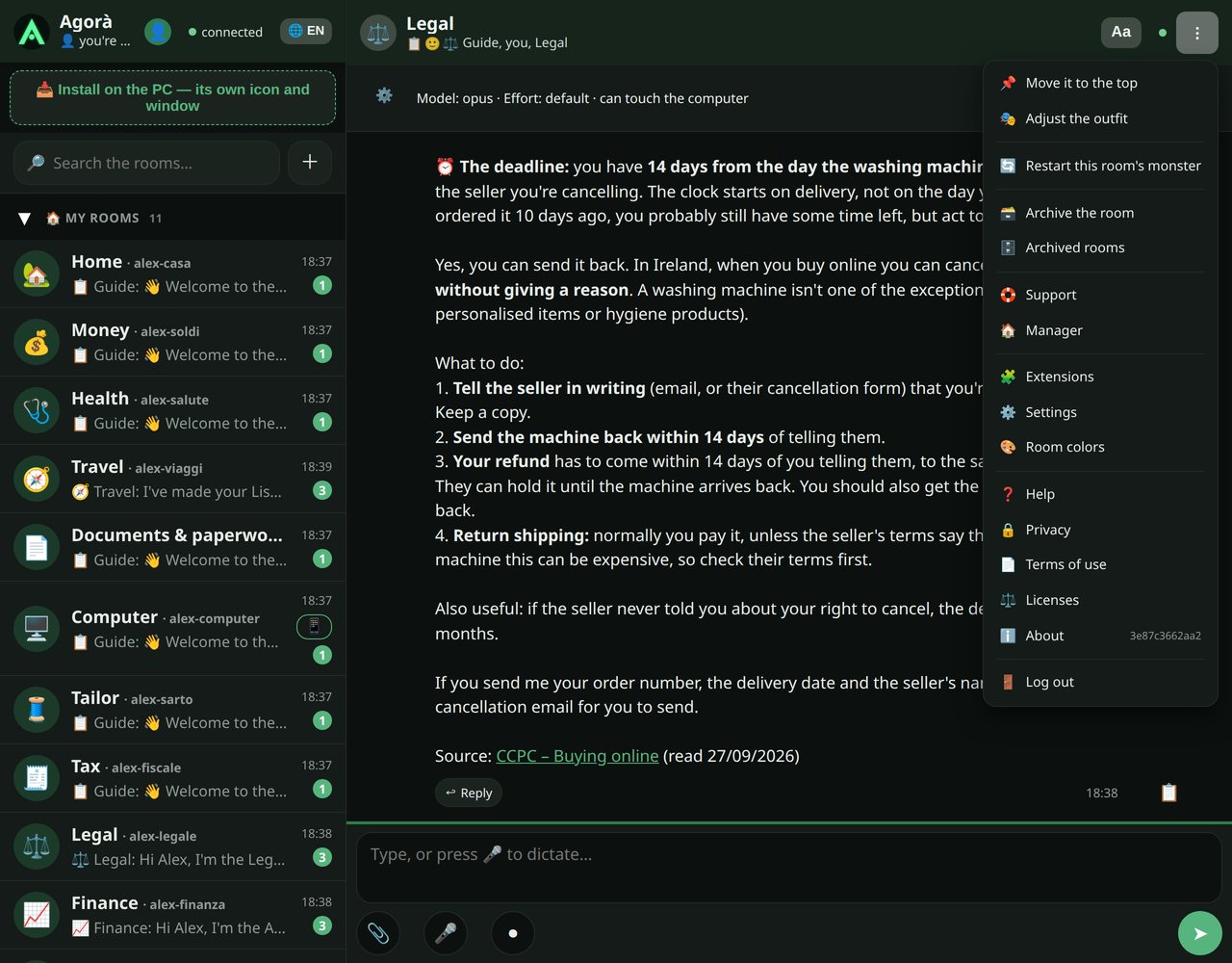 The three-dot menu: move the room to the top, change its outfit, restart it, archive it.