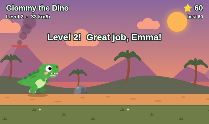 Giommy, the green dinosaur, running towards a rock